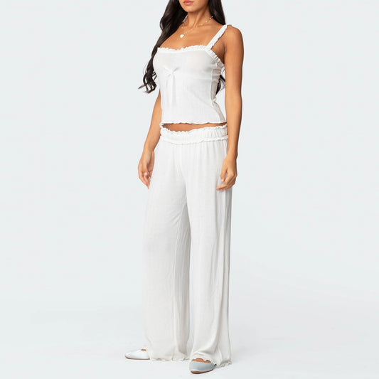 White 3D Bow Frill Trim Crop Top And Long Pants Lounge Set