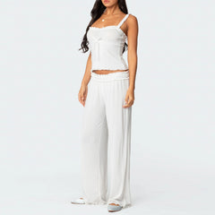 White 3D Bow Frill Trim Crop Top And Long Pants Lounge Set