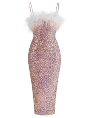 Chain Sequin Bodycon Feathers Midi Dress