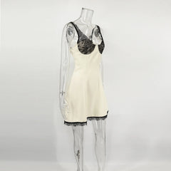 Satin Lace Patchwork Neck Mounted Mini Dress