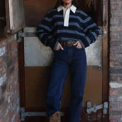 Lapel Button Striped Sweatshirts