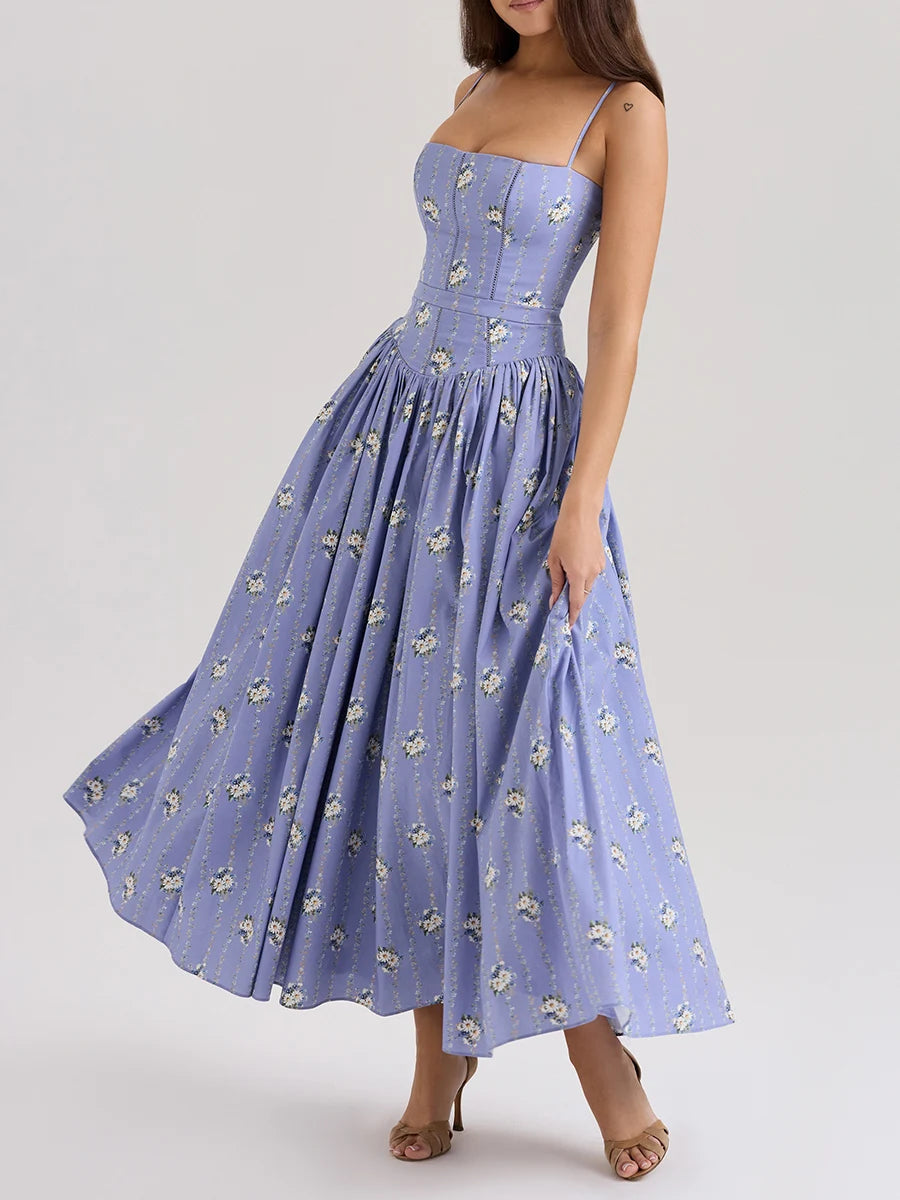 Women's light purple floral print maxi dress.

