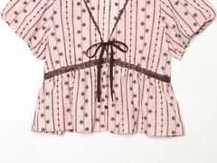 Pink Floral Stripe Lace Trim Short Sleeve Top And Mini Skirt Set