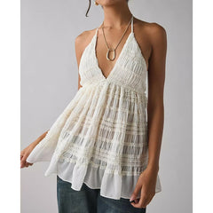 Lace-up Halter Deep V-Neck Smocked Top