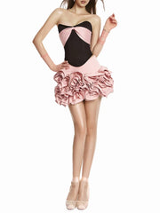 Black Satin Strapless Croset Top And 3d Frill Flower Mini Skirt Two-Piece Set