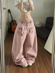 Pink Plaid Patchwork  Wide Leg Denim Jeans