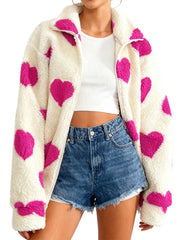Heart Print Fuzzy Fleece Zip Up Jacket