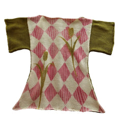 Small fabric dress with pink tulip pattern and green sleeves 