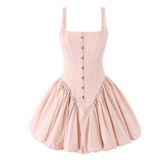 Pink Metal Hook Corset Lace Up Back Bubble Mini Dress