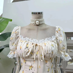 Floral Puff Sleeve Square Collar Mini Dress