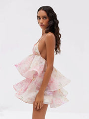 Pink Printed Deep V-Neck Spaghetti Strap Pleated Frill Mini Dress