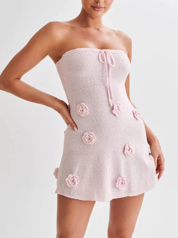 Pink 3D Floral Applique Tube Mini Dress - Free From Label