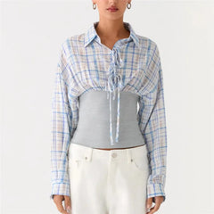 Plaid Button Down Waistband Splicing Blouse