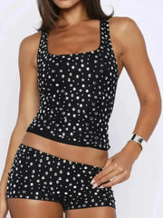 Black Rhinestone Embellished Tank Top And Low Waist Shorts Two Piece Set