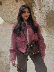 Pink Corduroy Turn-Down Collar Zipper Jacket