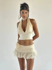 Ruched V-neck Bralette And Frill Mini Skirt Set - Free From Label