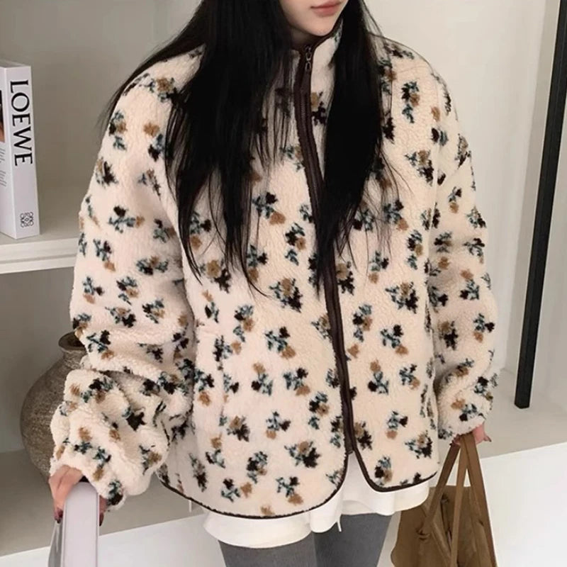 Fur Floral Print Zipper Jacket Free From Label