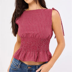 Gingham Tie Shoulder Ruched Tank Top