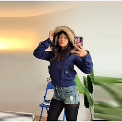 Faux Fur Hooded Snap Button Short Jacket