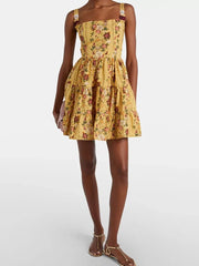 Yellow Floral Print Square Collar Mini Dress