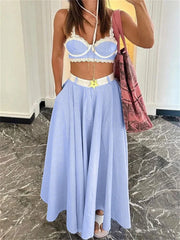 Blue Stripe Lace Trim Crop Top And Long Skirt Set Free From Label