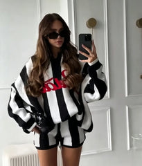 Striped Letter Jacquard Knit Sweater Top And Drawstring Shorts Set