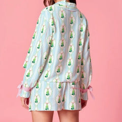 Floral Tree Print Long Sleeve Top And Pants Satin Lounge Set