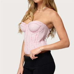 Pink Seam Trim Strapless Lace-Up Bustier Top