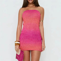 Pink Gradient Knit Strapless Mini Dress