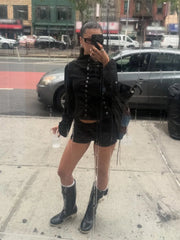 Black Stand Collar Button Up Desgin Jacket