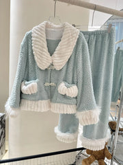 Fur Fleeve Long Sleeve Pocket Shirt And Pants Pajama Set