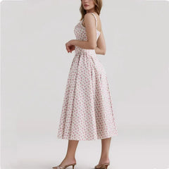 Floral Print Elastic Strap Round Neck Low Waist Hem Midi Dress