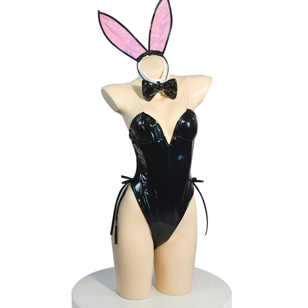 “Black latex bunny bodysuit with pink ears and bow tie choker”