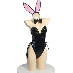 “Black latex bunny bodysuit with pink ears and bow tie choker”
