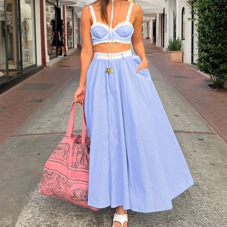 Blue Stripe Lace Trim Crop Top And Long Skirt Set Free From Label