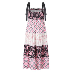 Strappy Tie-Up Smocked Printed Patchwork Maxi Dress