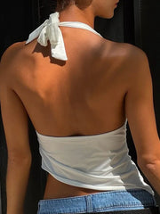 White Solid Halter Asymmetric Crop Top
