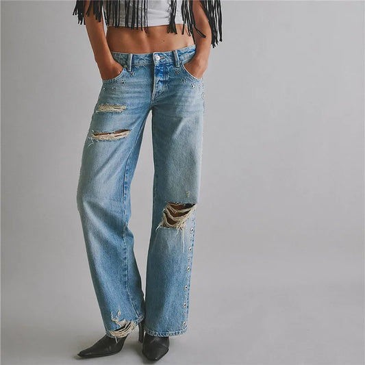 Distressed Ripped Eyelet Rivet Embellished Denim Trousers