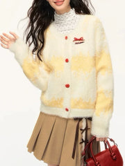 Yellow Stripe Red Buttoned Knitted Cardigan