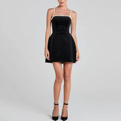 Pearl Strap Velvet Black Mini Dress