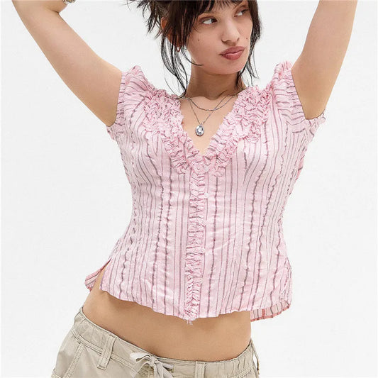 Ruffle V-Neck Short Sleeve Stripes Print Blouse