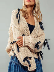 Bow V-Neck Buttoned Cardigan