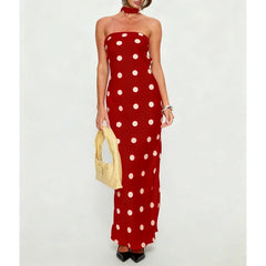 Strapless Dot Print Maxi A-line Dress with Scarf