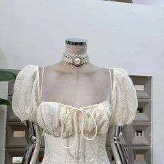 Puff Sleeve Square Collar Embroidery Mini Dress
