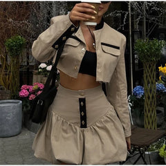 Crop Jacket And Puff Buttoned Mink Skirt Contrast Set