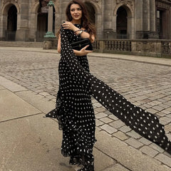 Black Polka Dot Long Dress With Scarf Ribbon