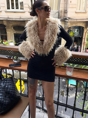 Black Long Sleeve Faux Fur Trim Mini Bodycon Dress