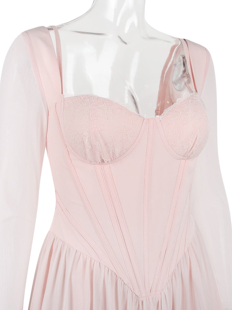Pink Long Sleeve Bustier Frill Mini Dress