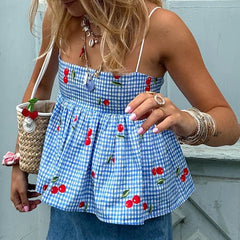 Blue Striped Floral Embroidery Tie Up Top