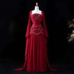 Cape Sleeve Chiffon Tiered Petals Sequined Pearl Embellished Gown